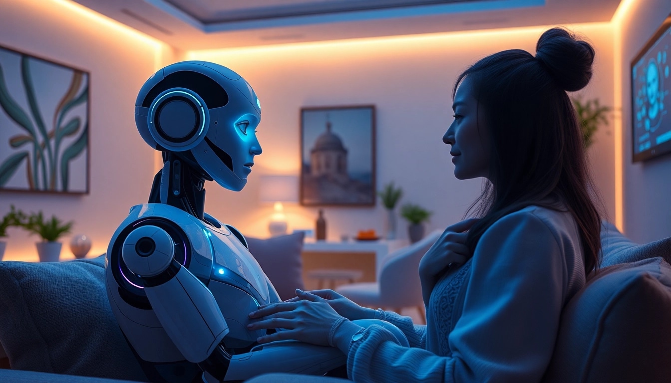 Engaging AI sex interaction in a cozy, futuristic setting with a humanoid robot.
