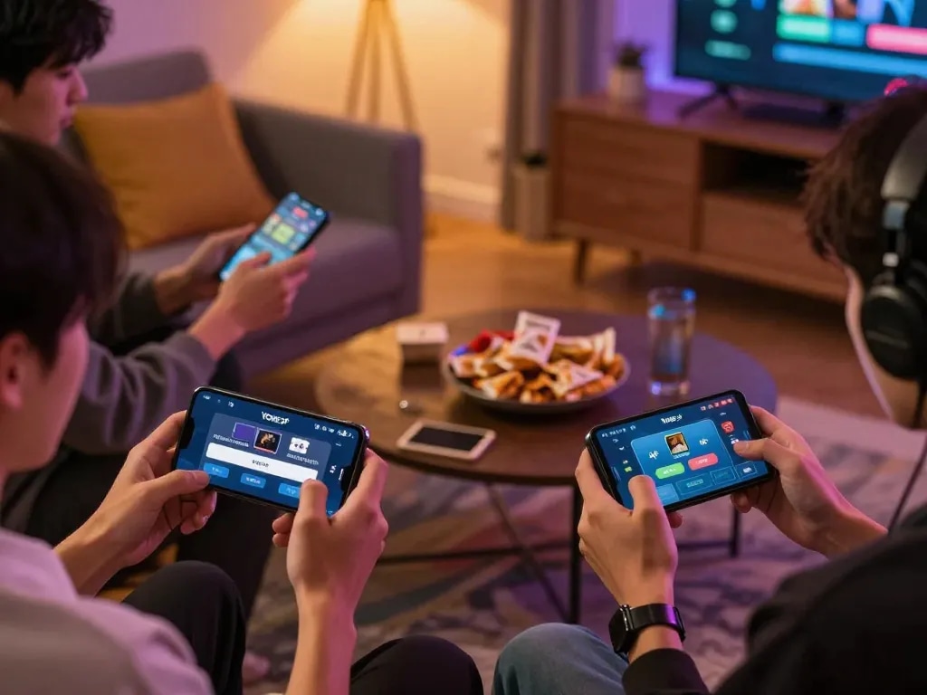 Engaging in online gambling with Yowes JP on mobile devices among friends in a cozy setting.