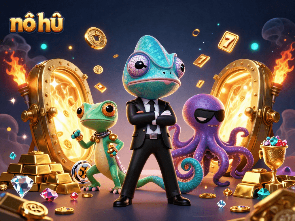 Engage with nổ hũ in a vibrant 3D scene featuring a chameleon, gecko, and octopus amidst casino symbols.