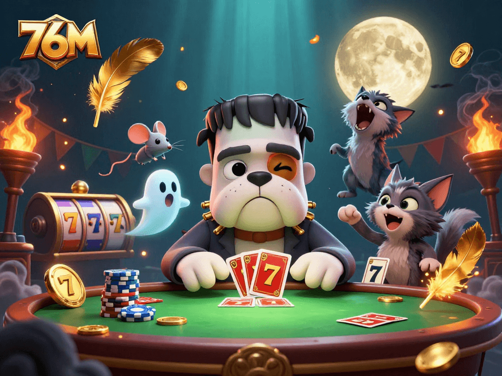 76M: Interagindo com o bulldog Frankenstein na mesa de jogo enquanto os monstros competem.