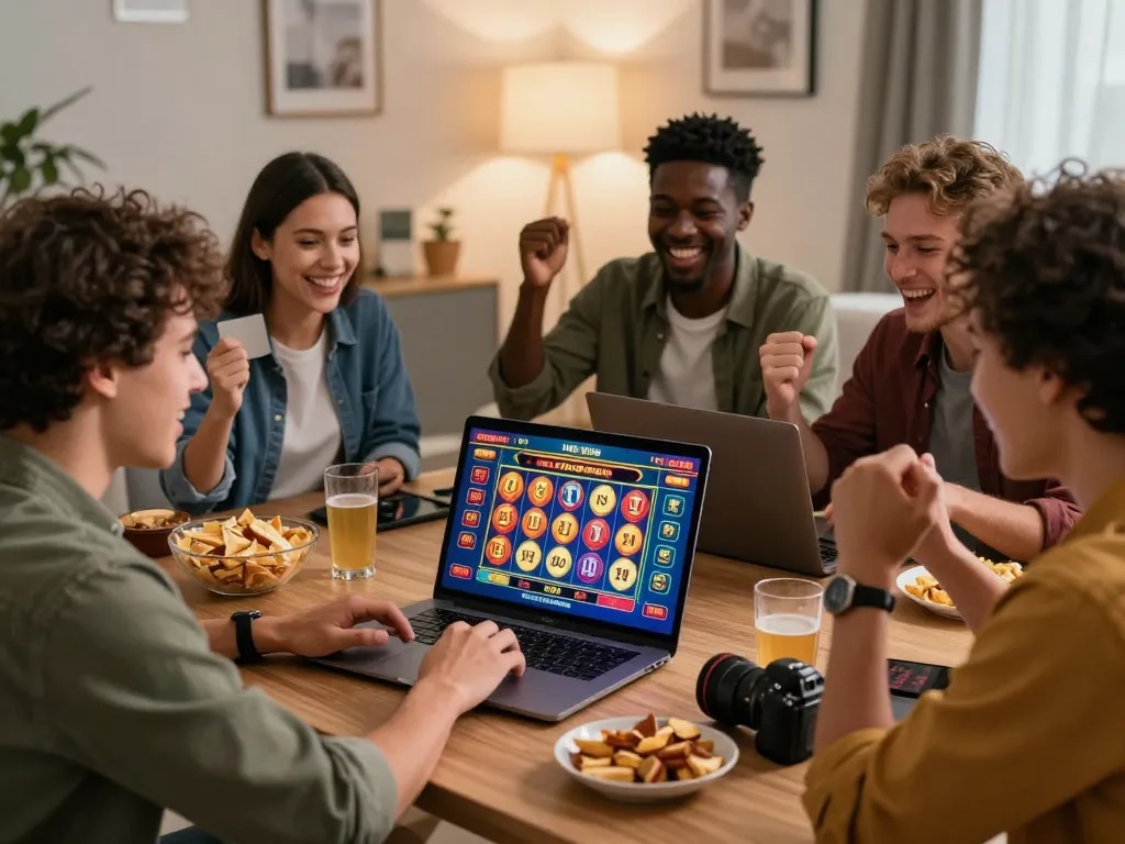 Exciting online gambling moment of friends engaging with wraungtoto betting games in a cozy living room setting.