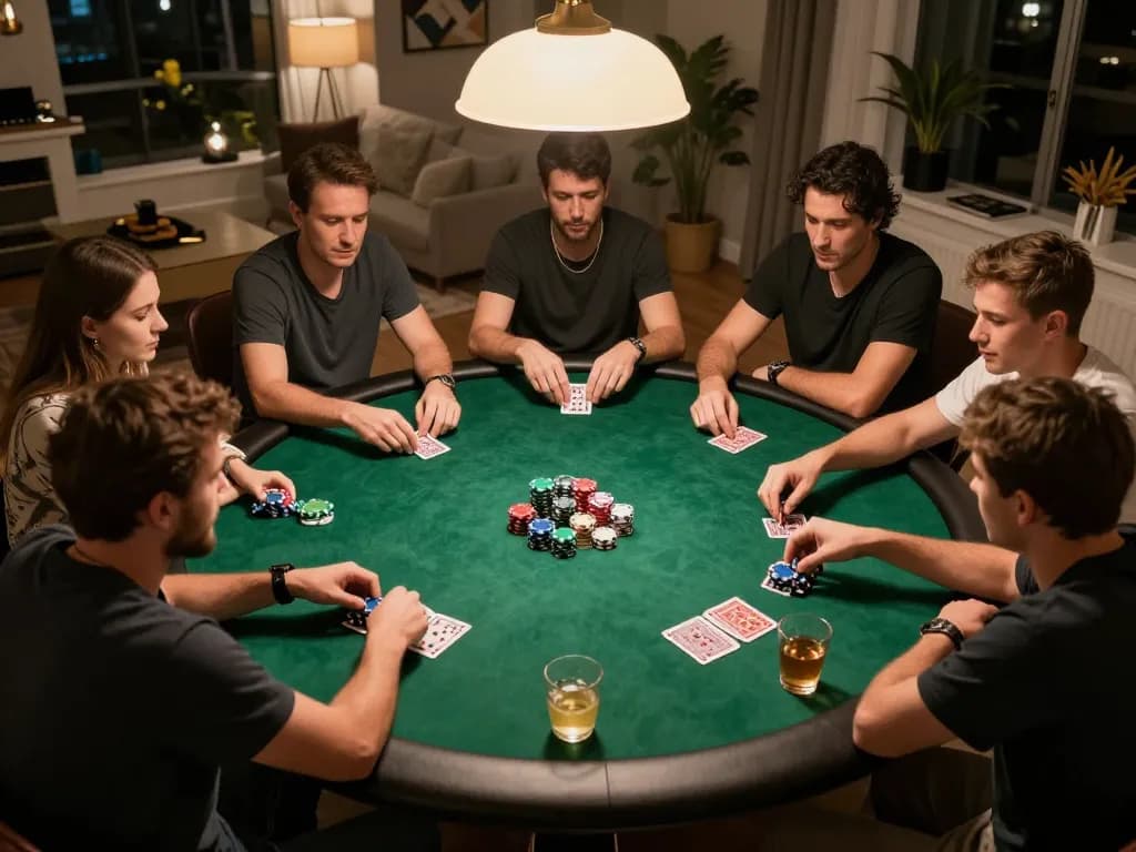 Join friends in an engaging poker game at home, showcasing the excitement of 8k8.fan for social gambling.