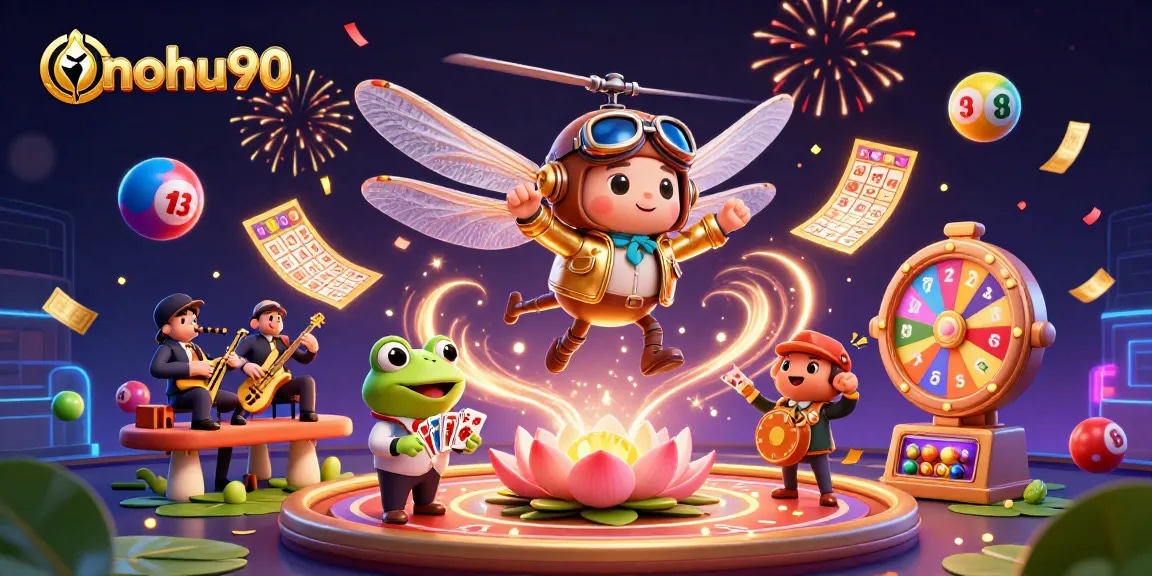 Experience exciting gameplay at nohu90, featuring vibrant colorful lottery elements and lively casino characters.