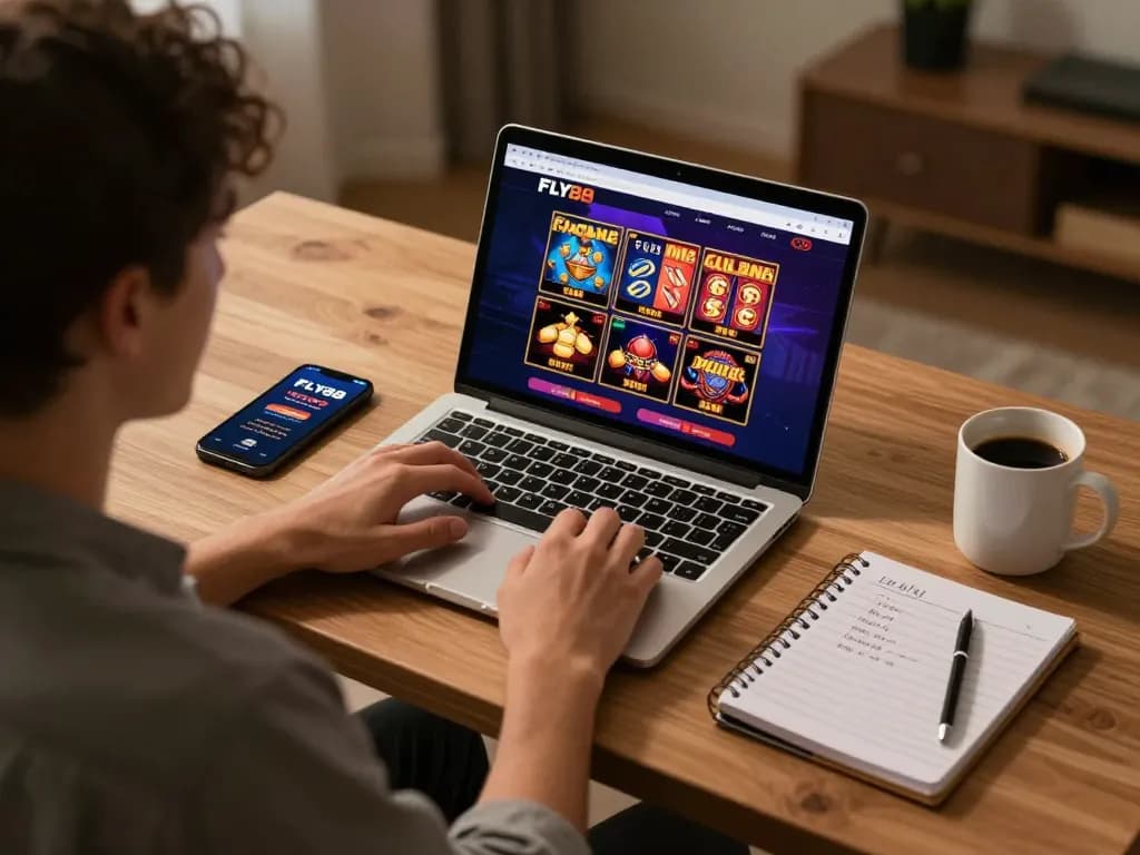 Person engaging with FLY88 online casino games on a laptop, showcasing a strategic gaming setup.