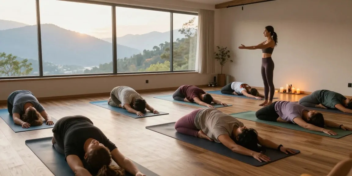 Hatha yoga & fitness class in a serene studio setting, showcasing diverse participants practicing yoga poses.