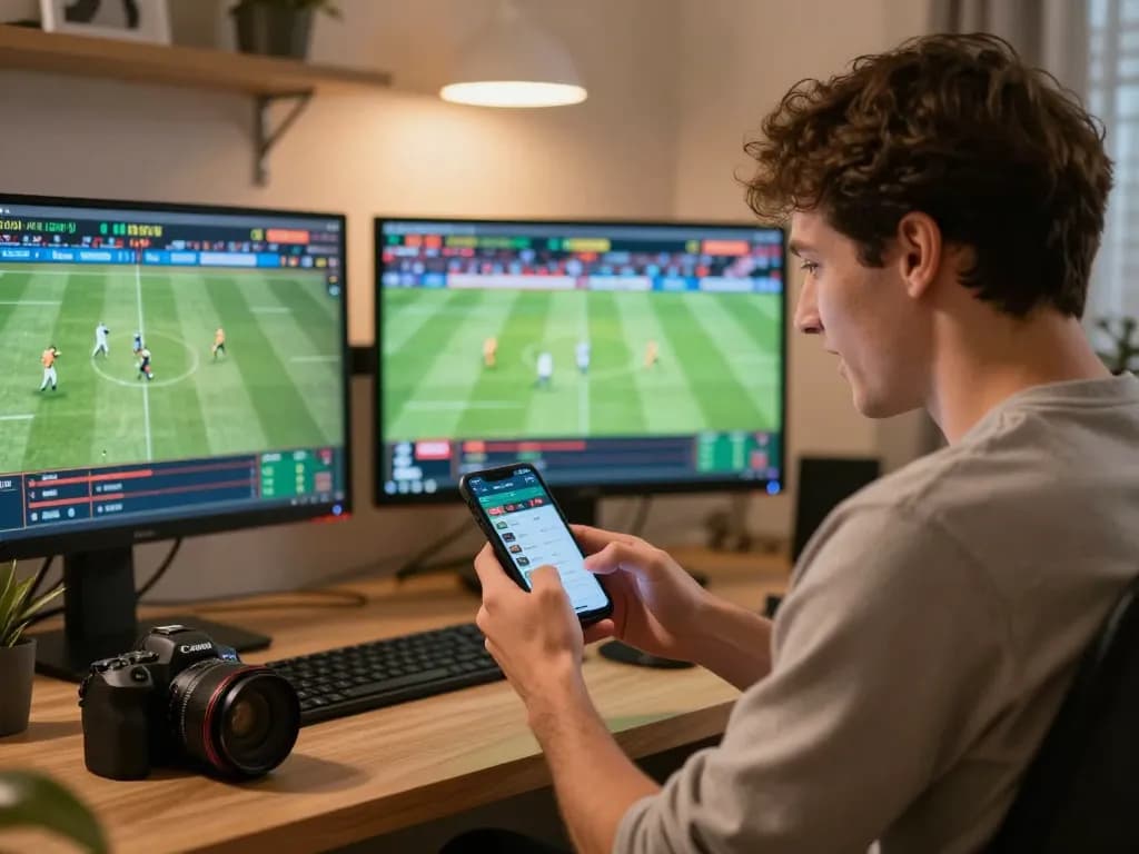 Engaging moment of online betting at https://gg88.shop/ with user placing live bets on smartphone in a stylish home office.