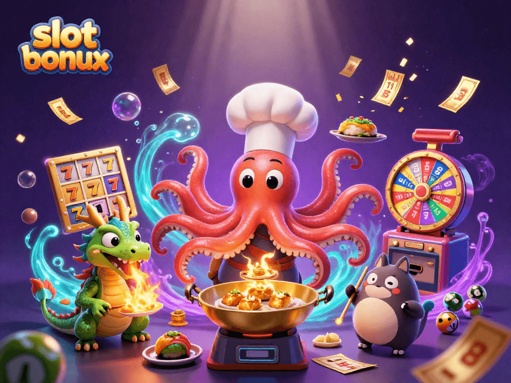 Win with the slot bonus at this vibrant, action-packed casino illustration featuring playful characters.
