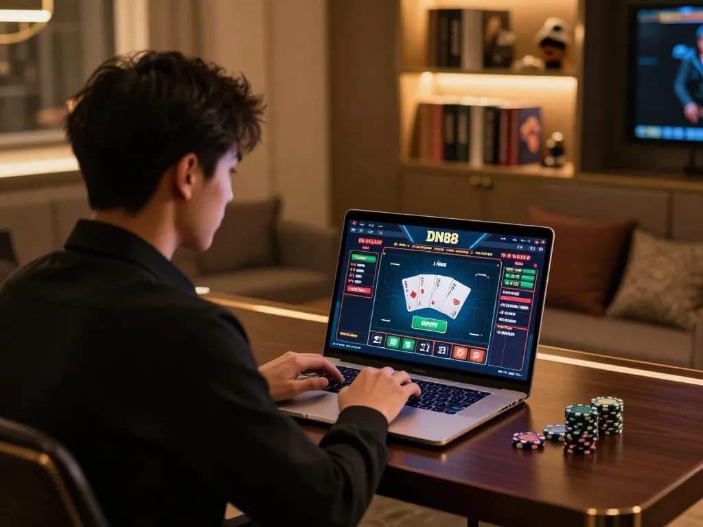 Gamer focusing on DN88 online platform for strategic betting at home, portrayed in a cozy gaming setting.