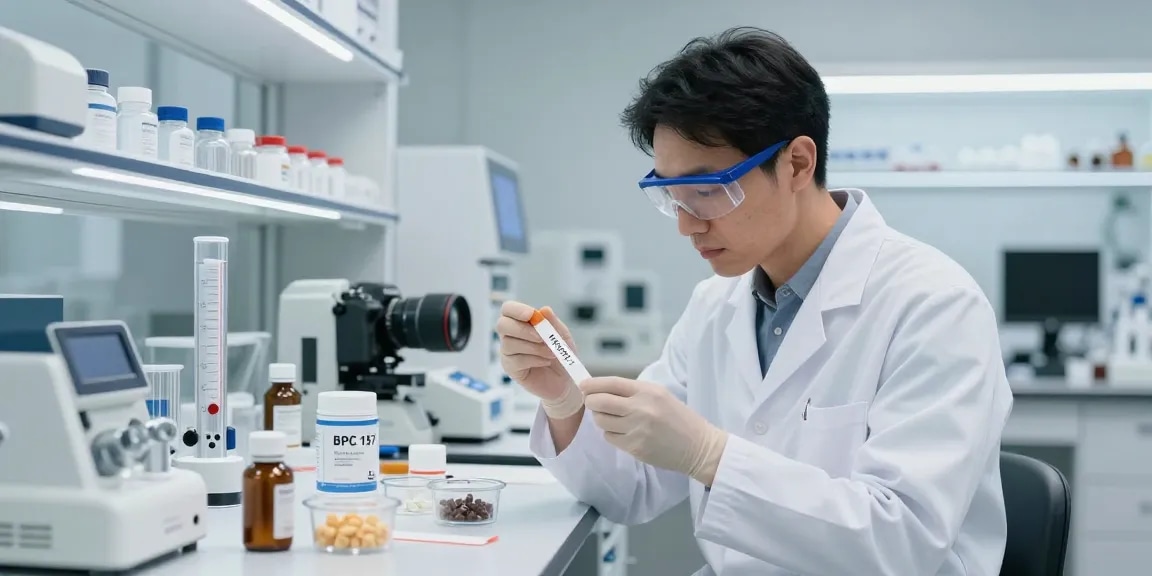BPC 157 Benefits depicted through Buccal Strips analysis in a modern lab, showcasing advanced health technology.