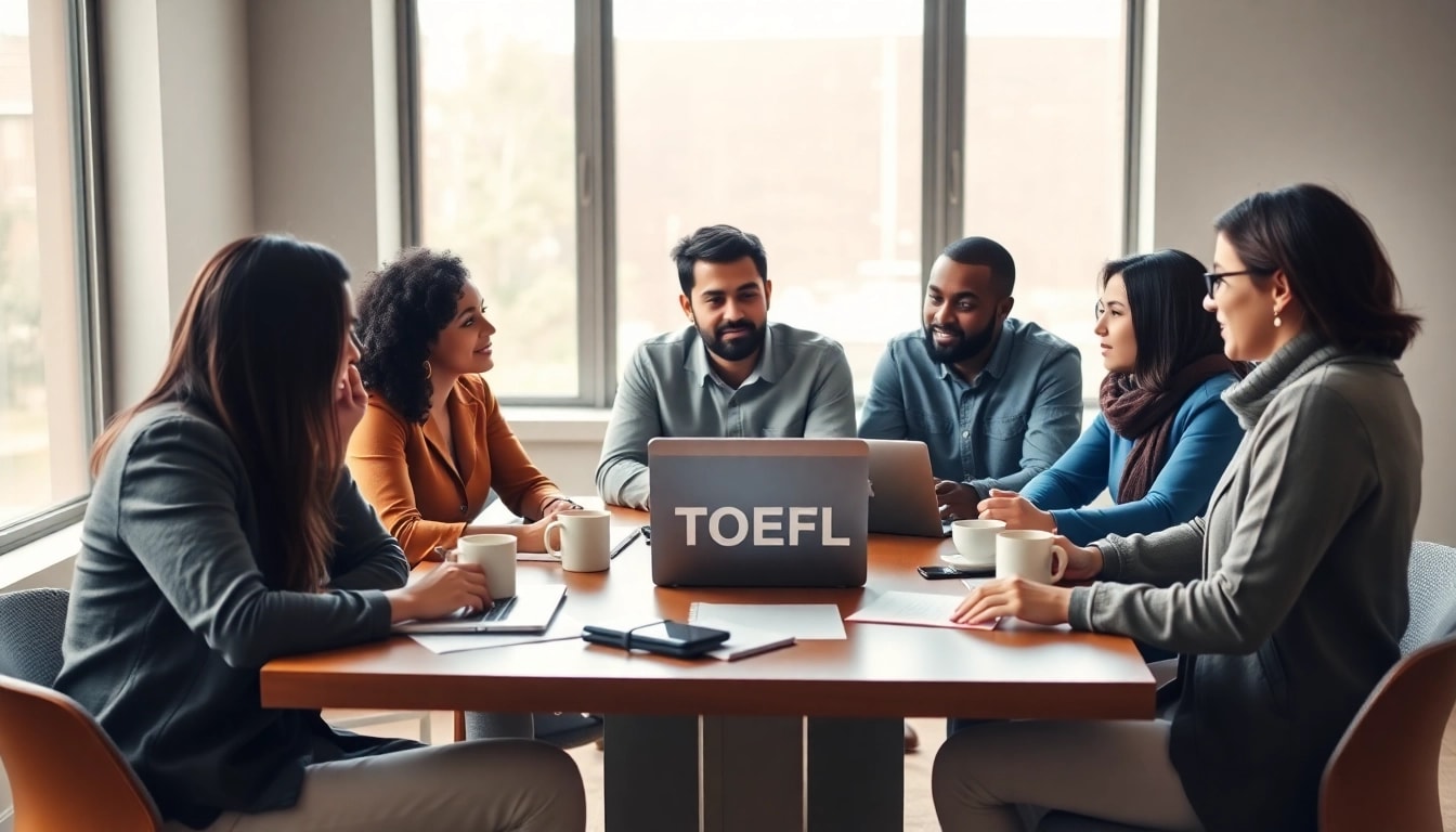 Engaged group discussing strategies with toefl test takers for hire in a professional setting.