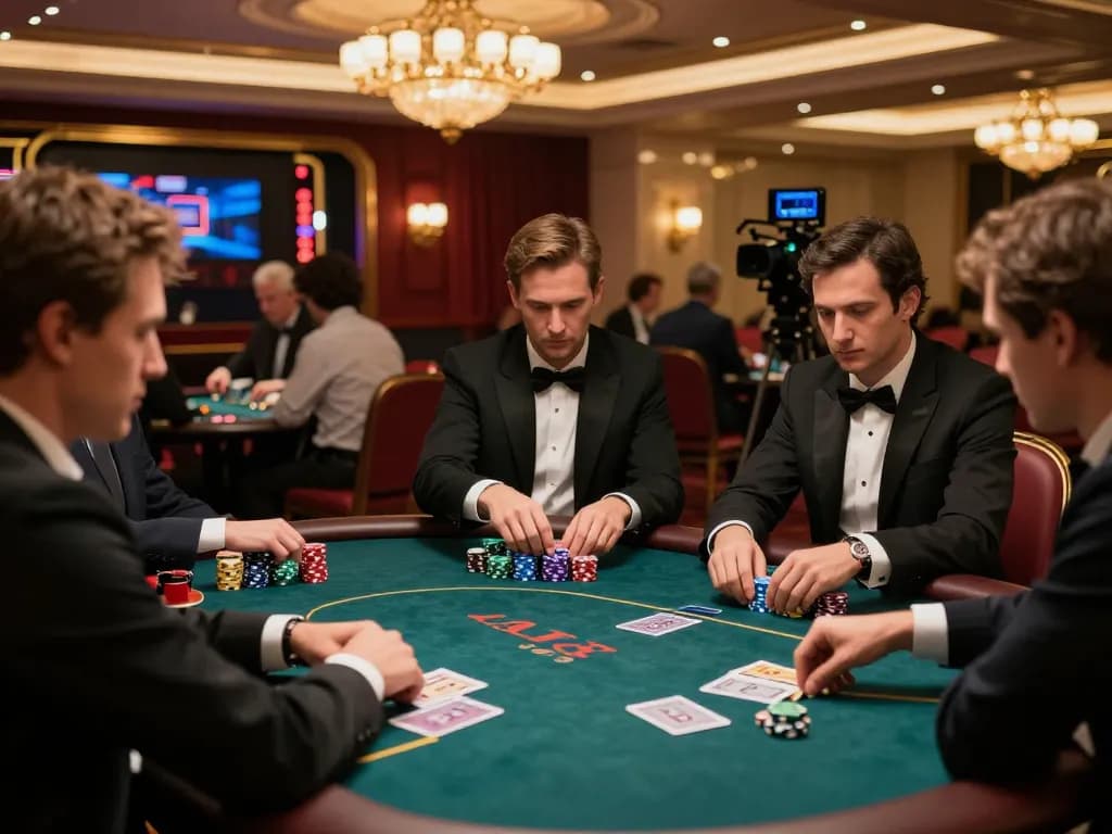 MMOO players engaged in intense high-stakes poker game at luxury casino table