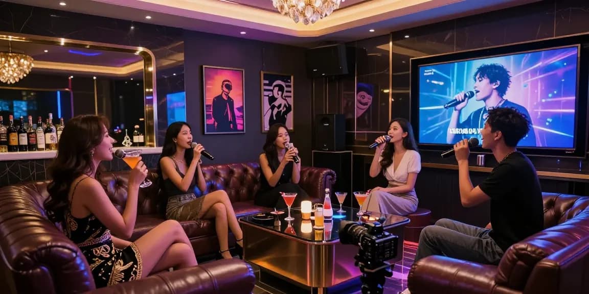 강남 가라오케의 고급스러운 룸에서 친구들이 즐겁게 노래하고 있는 모습