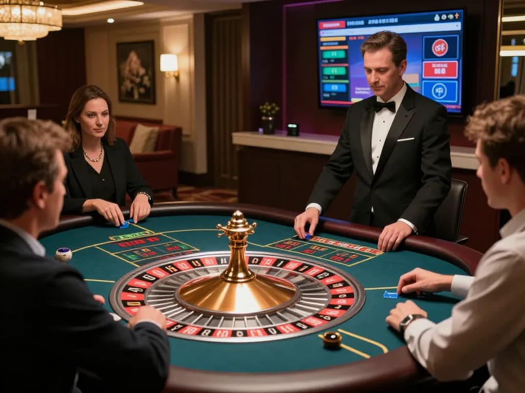 3Win players joyfully placing bets at a luxurious live roulette table in an upscale casino setting.