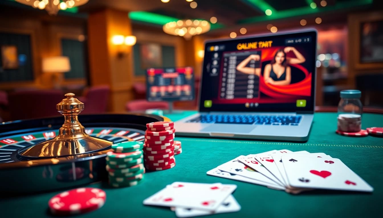 Découvrez l'excitation du casino en ligne avec des jetons de poker polis et des cartes vibrantes sur une table élégante.
