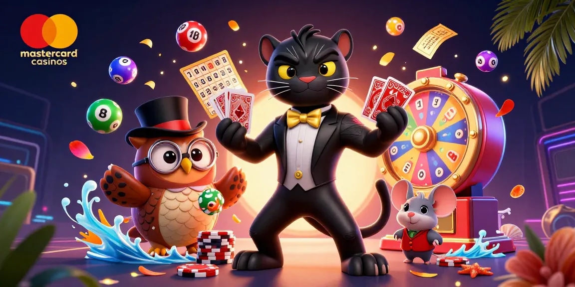 Engage with mastercard casinos where a tuxedo-clad panther deals cards amidst vibrant game elements.