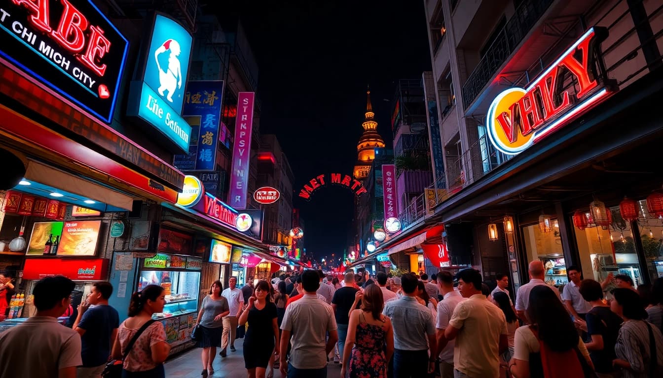 Vibrant 호치민밤문화 scene with lively bars, street food, and crowds.
