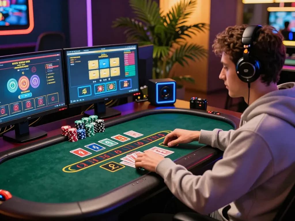 Engaged player at a live baccarat game on a 바카라사이트, showcasing a dynamic gaming setup.