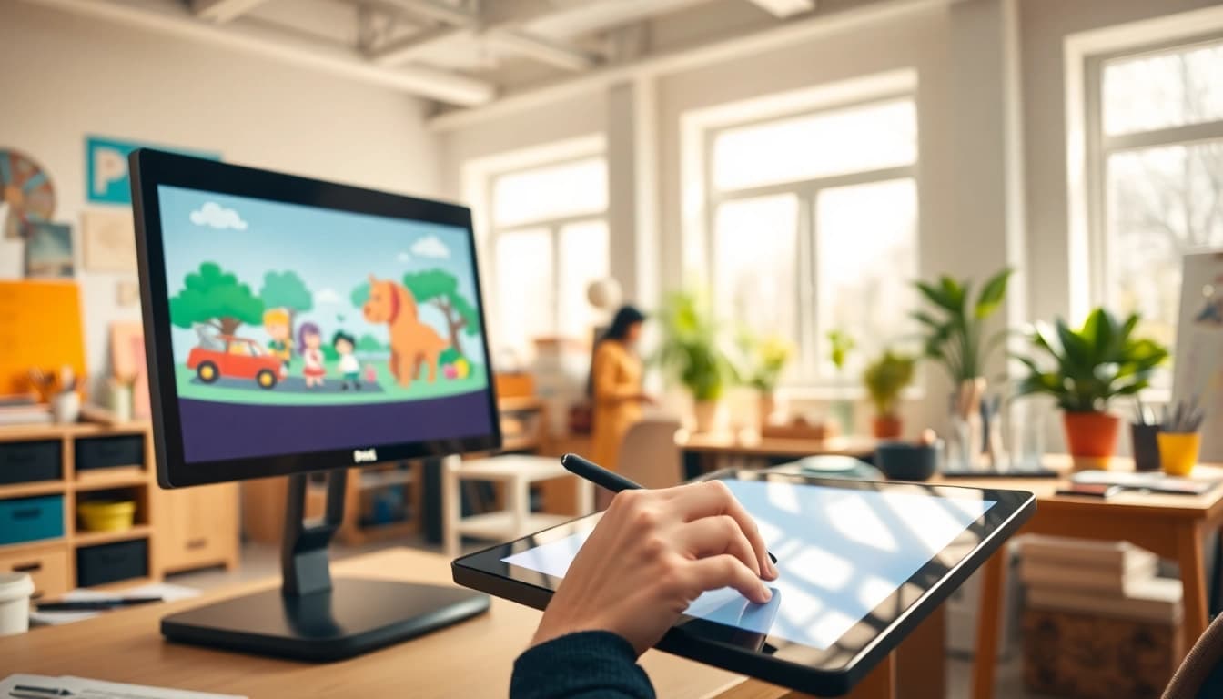 Animation Erstellen in einem modernen Studio mit einem Animator, der an einem digitalen Tablet arbeitet.
