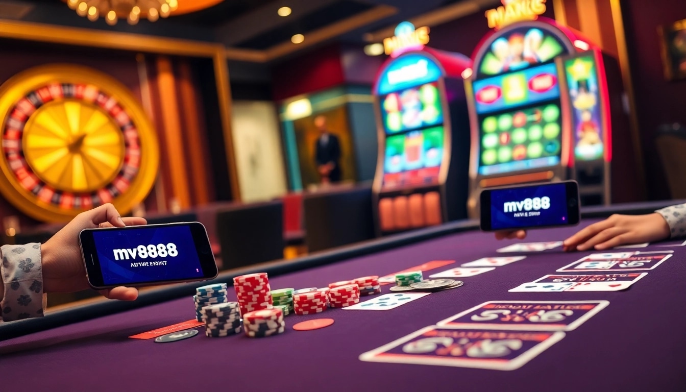 Engaging gamblers strategizing at mv88 poker table with vibrant chips and cards.