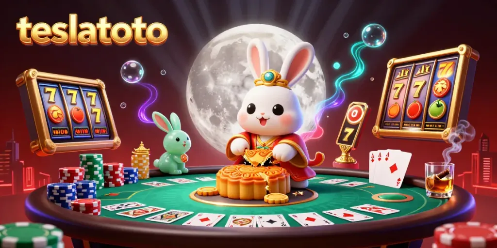 Experience teslatoto's dynamic gaming with vibrant visuals of poker and moon rabbits.