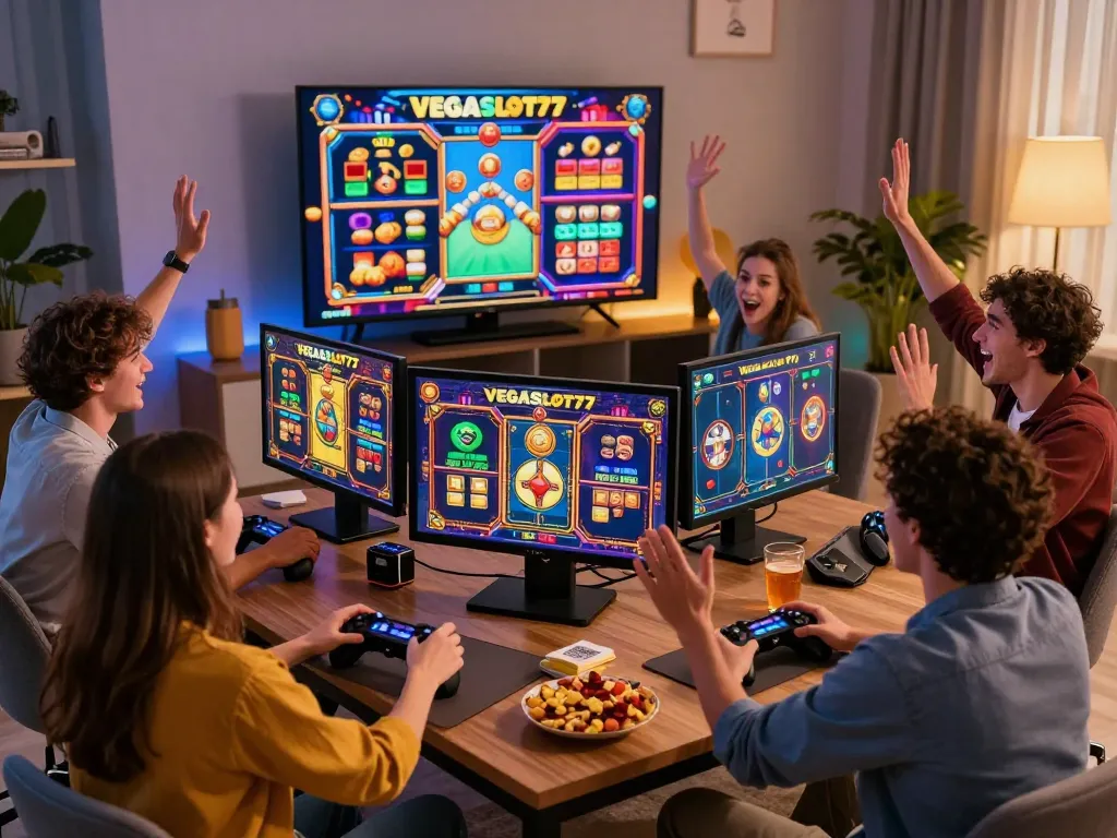 Engaged friends playing VEGASSLOT77 online game in a modern living room.