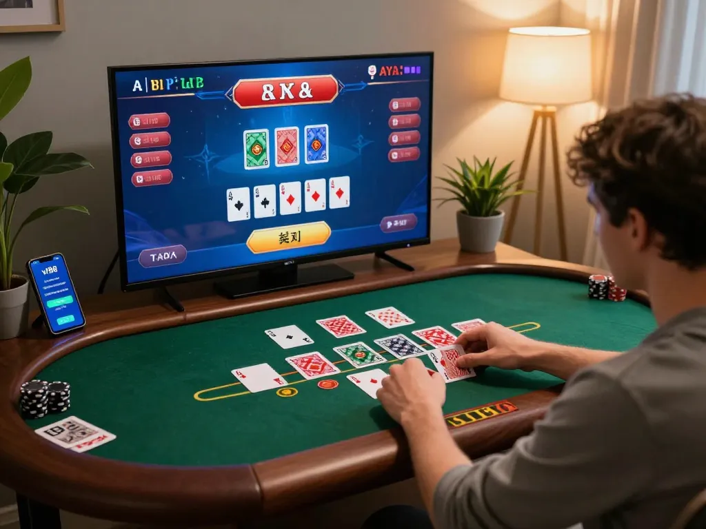 Engaging in a live dealer game on vt88 at home, focused on winning blackjack strategy.