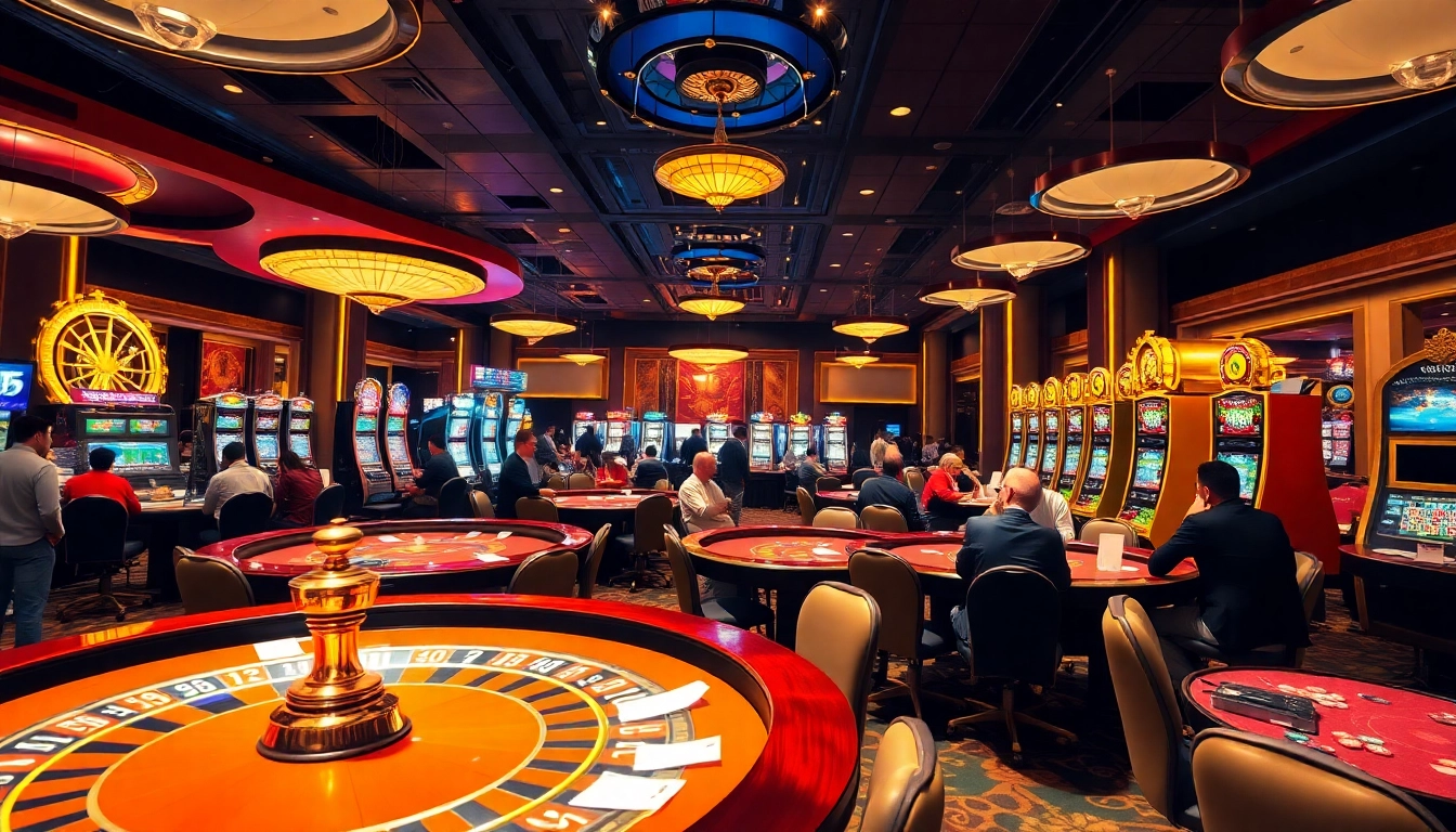 Engage with the vibrant casino atmosphere at j88.gives, featuring roulette wheels and excited players.