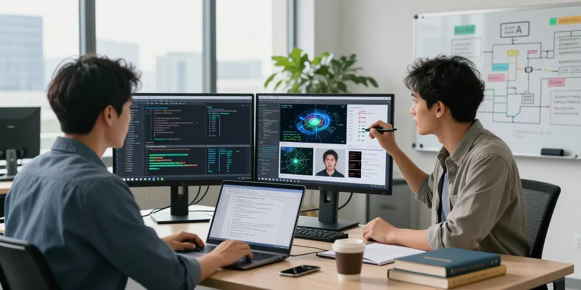 Detect AI image analysis in modern tech office, expert examining algorithms and detection results.