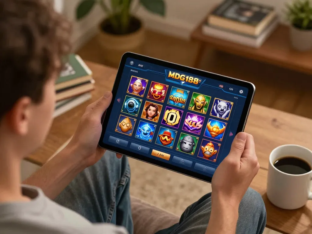 Player engaging with MDG188 slo slot games on tablet for a thrilling online gambling session.