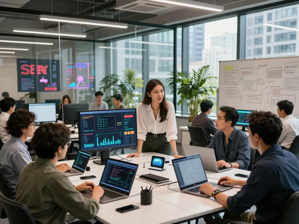 Research team collaborating on sex AI ethics in a modern workspace, showcasing technology and innovation.