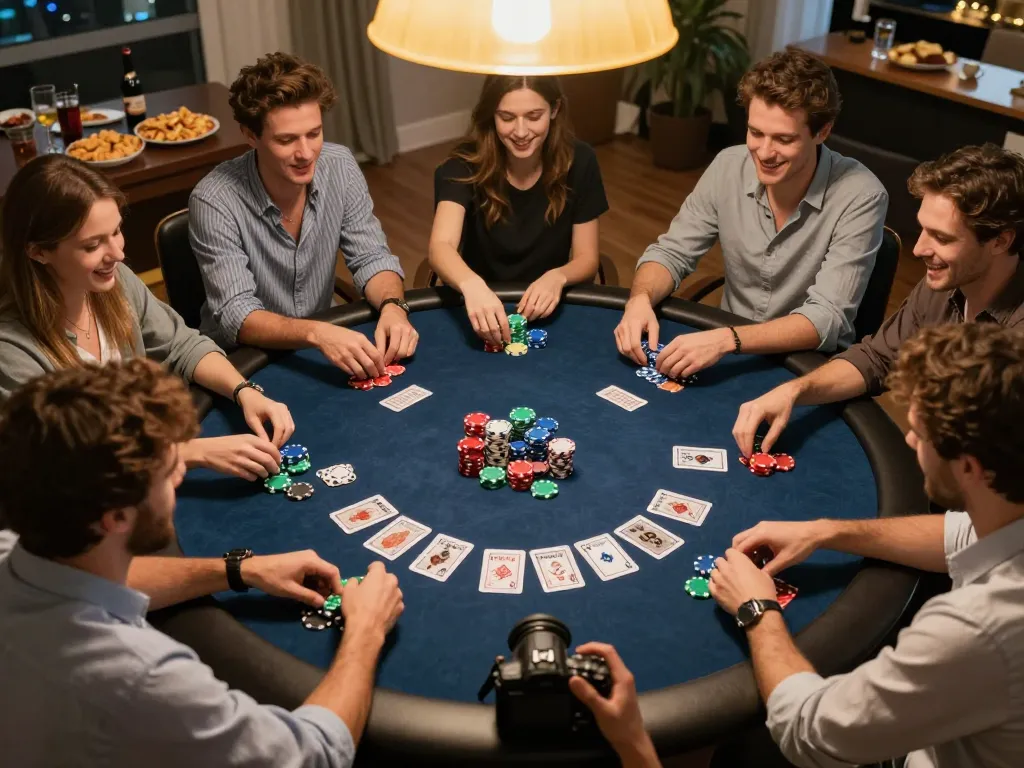 MM88 players enjoying a social poker game night with cards and chips stacked on the table.