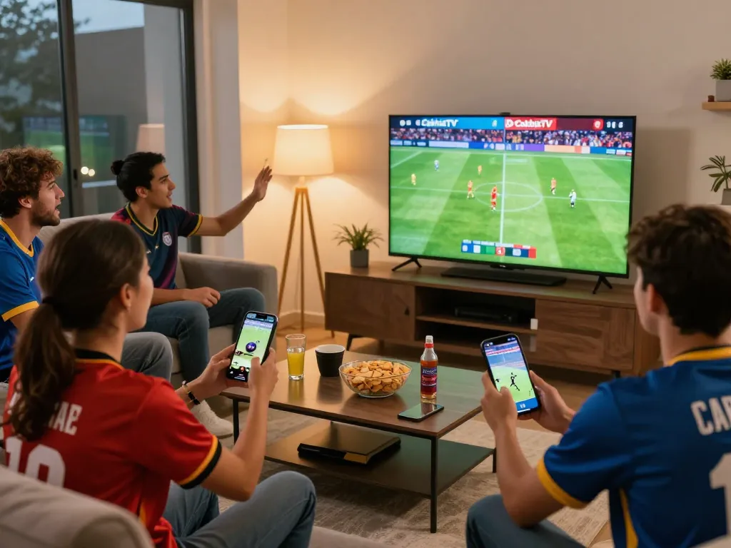 Cakhiatv's vibrant live football match viewing experience in a cozy living room with friends.