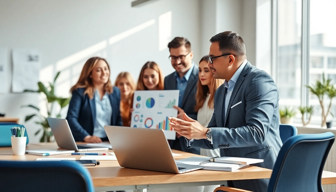 Marketing Consultant collaborating with a team in a bright office setting.