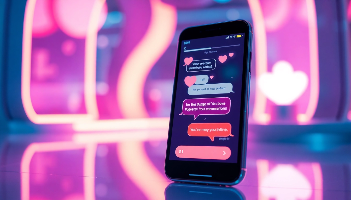 AI sexting interaction in a futuristic setting with chatbots and digital elements.