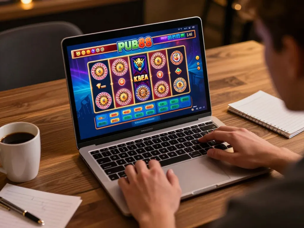Engaging online gameplay at pub88 showcasing vibrant slots interface on laptop.