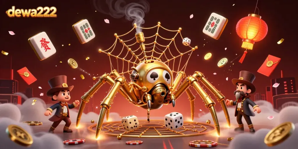 Win big with dewa222 as a golden spider captures dice in a vibrant casino scene.