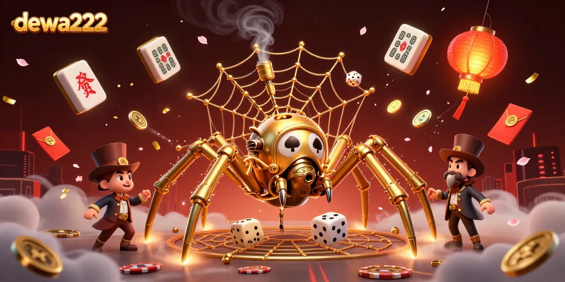 Win big with dewa222 as a golden spider captures dice in a vibrant casino scene.