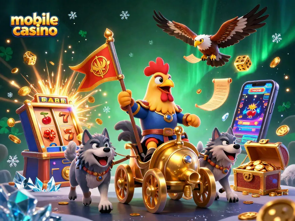 Spin to win at a mobile casino with exciting 3D characters amidst jackpot explosions and casino games.