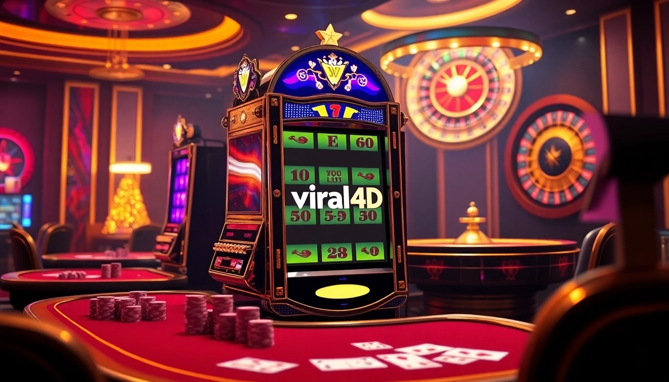 Play the viral4d slot machine amidst vibrant casino excitement, featuring sleek tables and a roulette wheel.