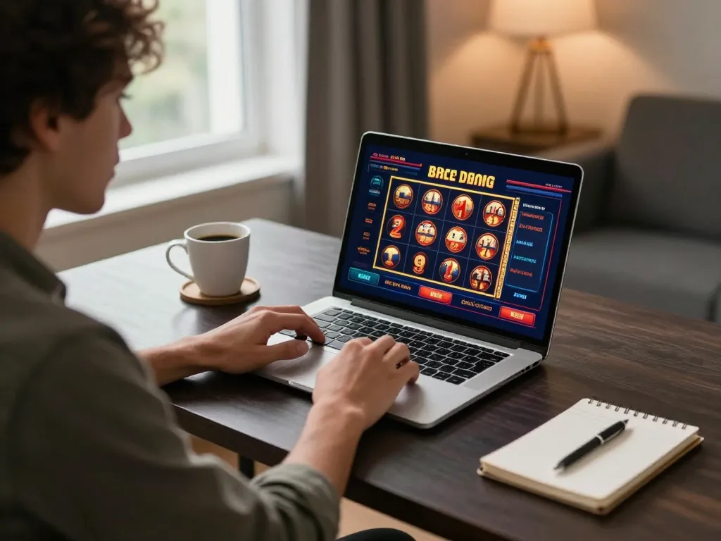 Playing slots on sites not on gamstop using a laptop in a cozy home setup.