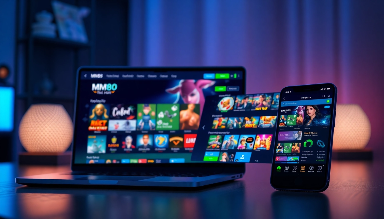Engaging MM88 gaming interface on laptop and smartphone, showcasing user-friendly design and vibrant game elements.