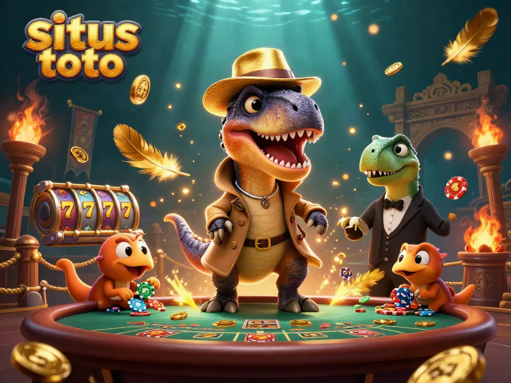 Engage with the thrilling world of situs toto, featuring a velociraptor card counter and a stegosaurus pit boss.