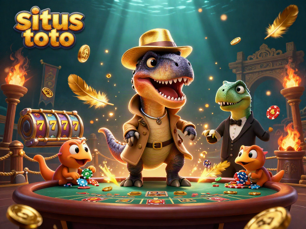 Engage with the thrilling world of situs toto, featuring a velociraptor card counter and a stegosaurus pit boss.