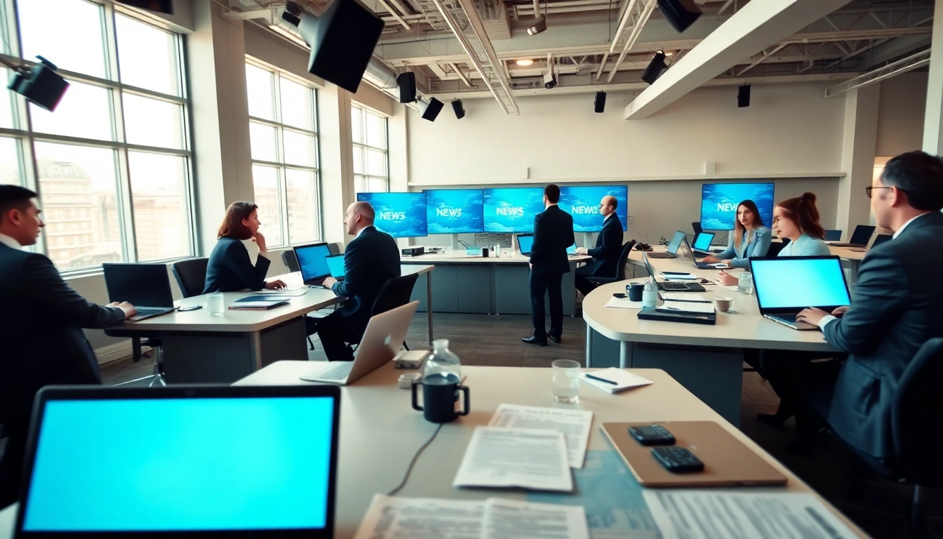 Journalists discussing the latest news in a vibrant newsroom setting.