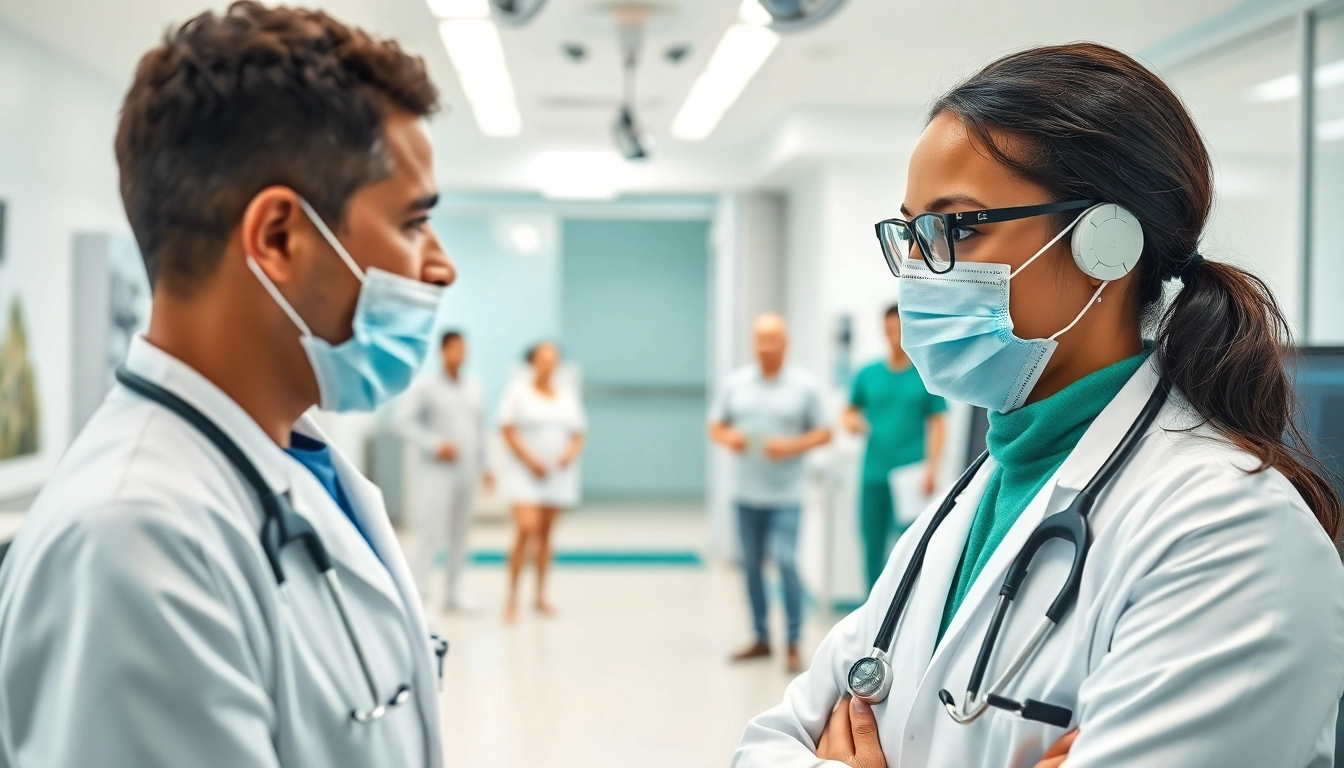 Health-focused consultation in a modern clinic with diverse patients interacting.