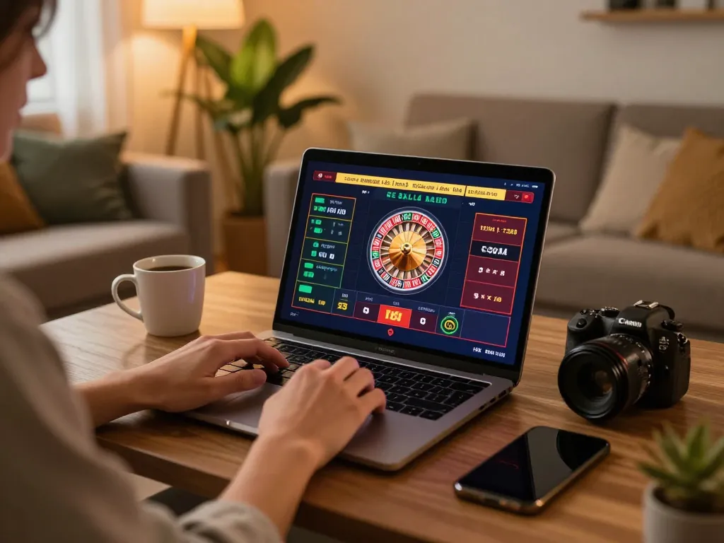 Engaged player at home using https://www.mnm88.com/ for live casino gaming, with dynamic roulette wheel on screen.