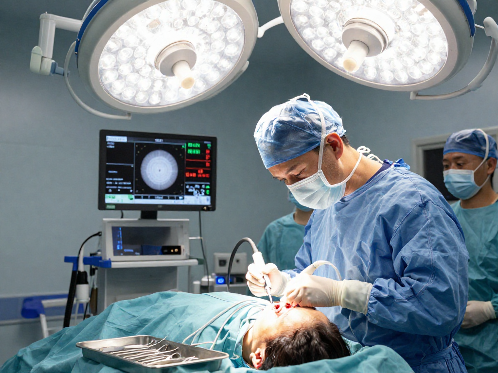 Surgeon performing beyin tümörü ameliyatı in a modern operating room, showcasing advanced techniques and teamwork.