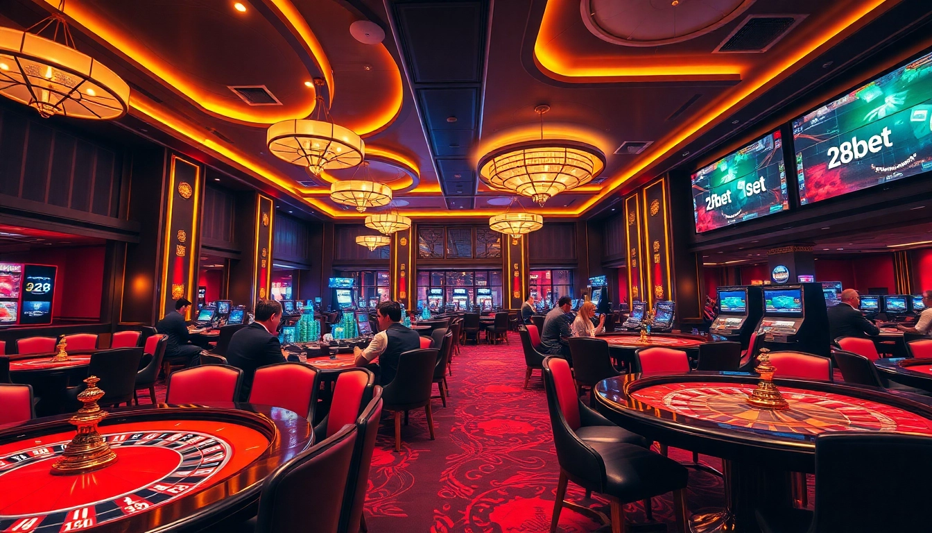 Players enjoying a thrilling gaming experience at 28bet's luxurious casino lounge.