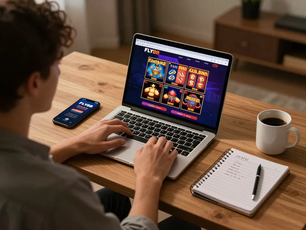 Person engaging with FLY88 online casino games on a laptop, showcasing a strategic gaming setup.