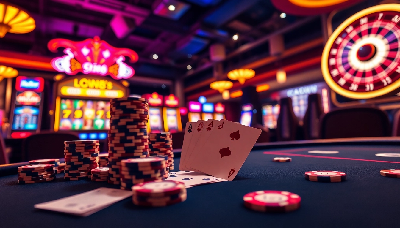 Gamblers celebrating a win at Lc88.com with vibrant slots, chips, and a roulette wheel.